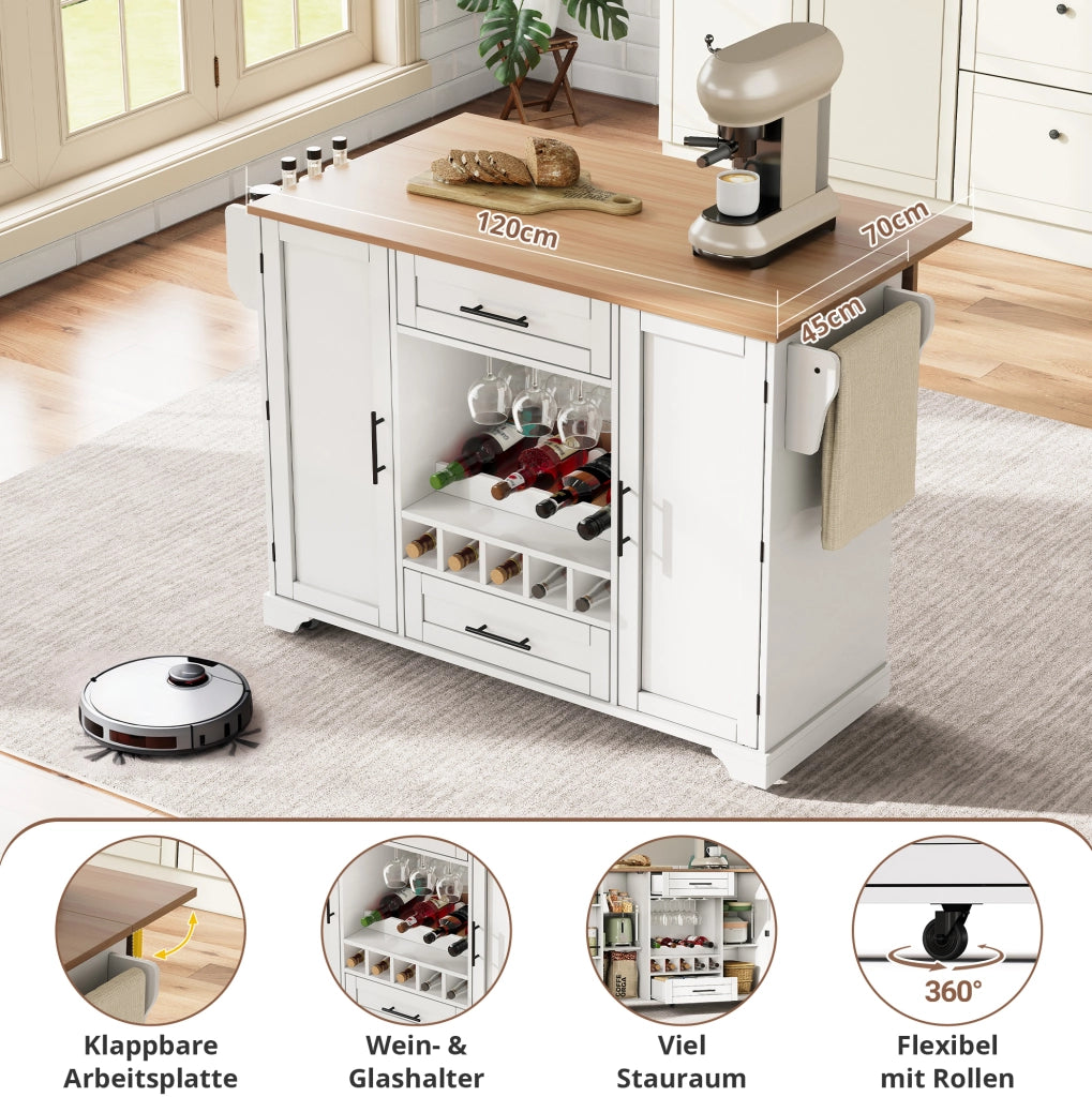Carrello cucina con piano estraibile 138x45/70x92 cm; bianco e naturale in MDF