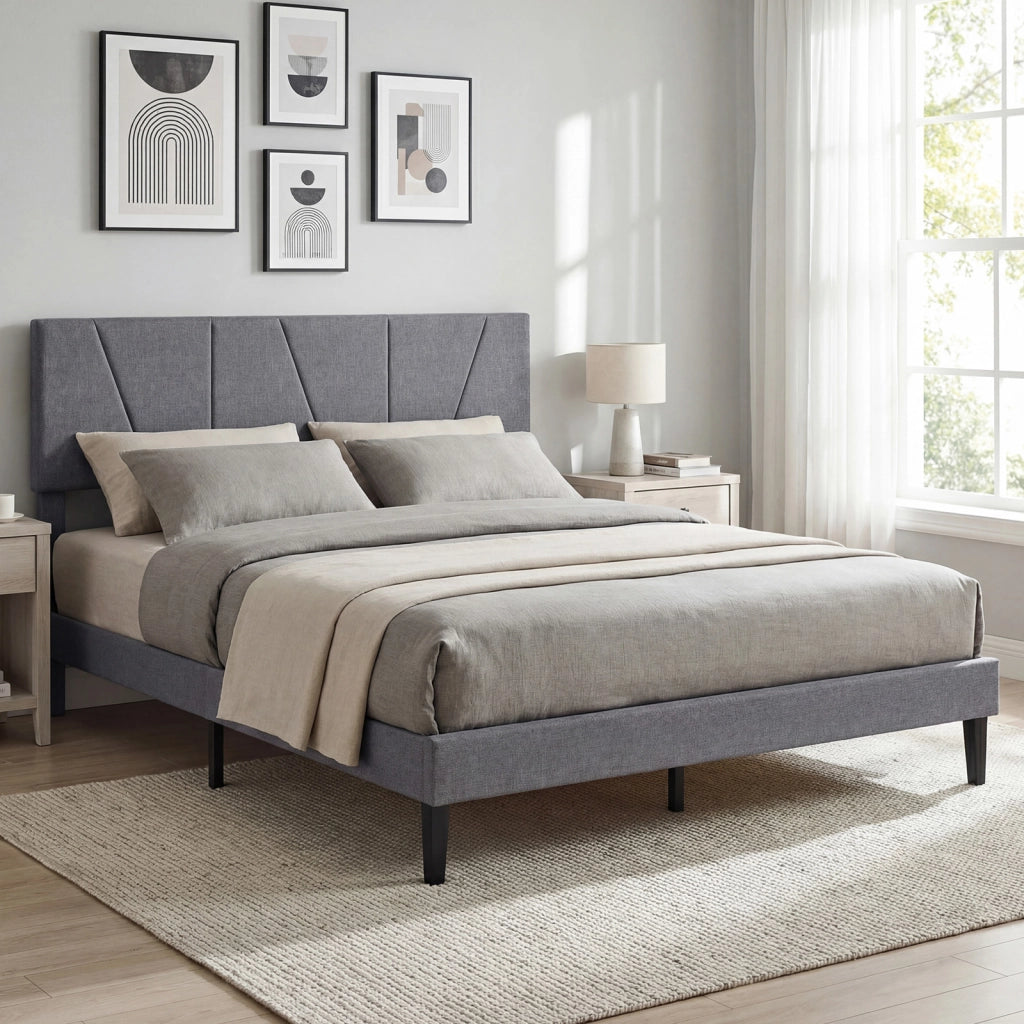 Struttura letto matrimoniale piattaforma silenziosa con testiera regolabile in altezza, Letto piattaforma rivestita in lino 140x200 cm Grigio scuro