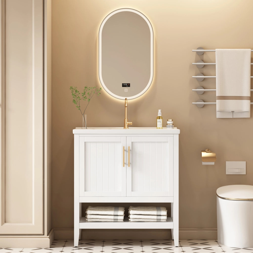 Mobile sottolavabo con lavabo in ceramica e vano inferiore aperto, struttura a pavimento, per bagno, in MDF, bianco