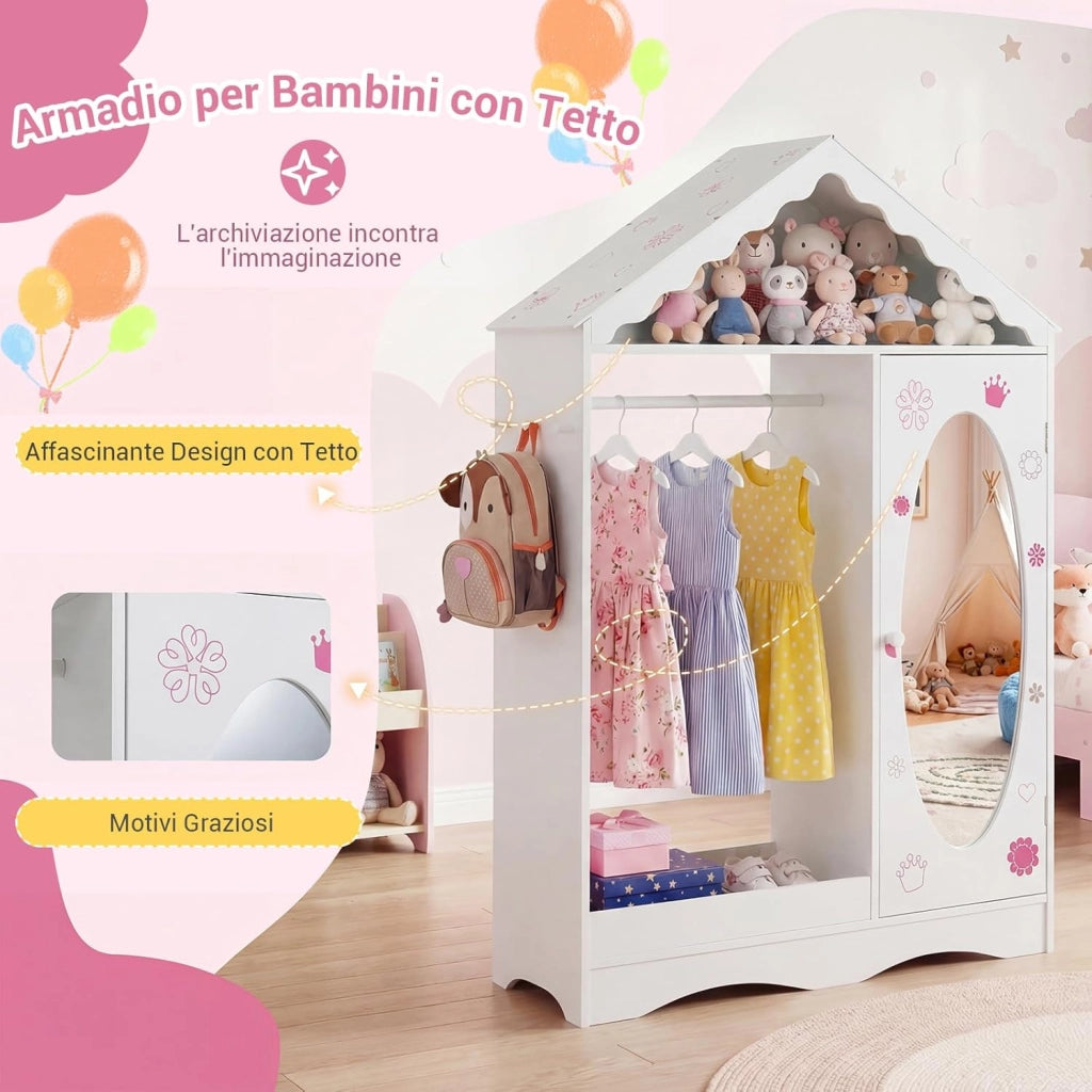 Armadio con Specchio per Bambini, Guardaroba Coperto con Appendiabiti Aperto, Scaffali e Ganci, Armadio e Organizzatore di Costumi per Camera da Letto e Stanza dei Giochi (Bianco)