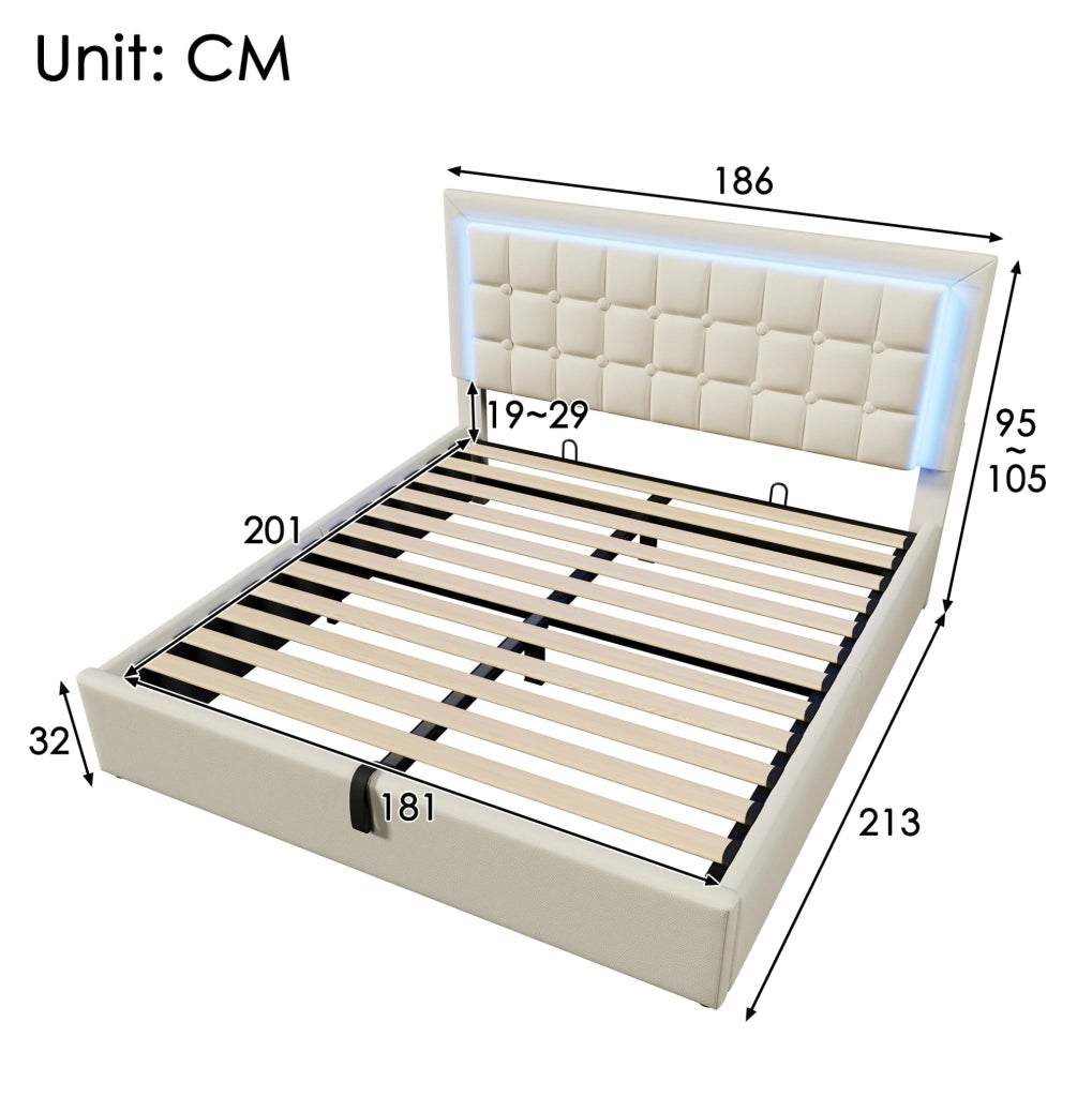 Letto contenitore 180x200 cm con LED e rete a doghe in PU bianco