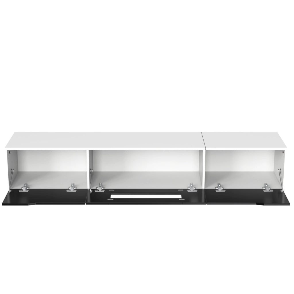 Mobile TV bianco e nero con frontale scanalato; LED a 16 colori; 180 × 35 × 30 cm