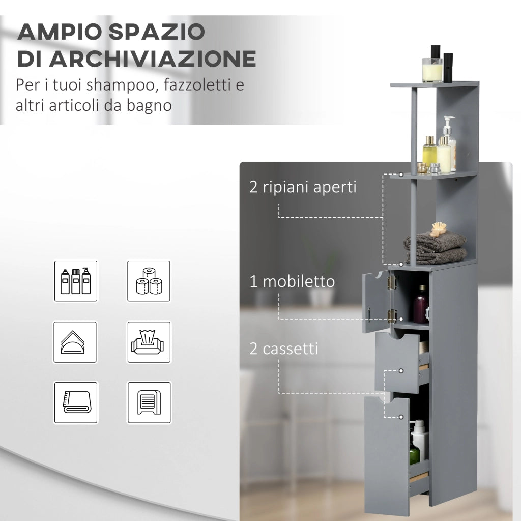 Mobile Colonna Bagno con Ripiani e Cassetti ¨C Zephmum ¨C Legno Grigio 15x33x136.8 cm