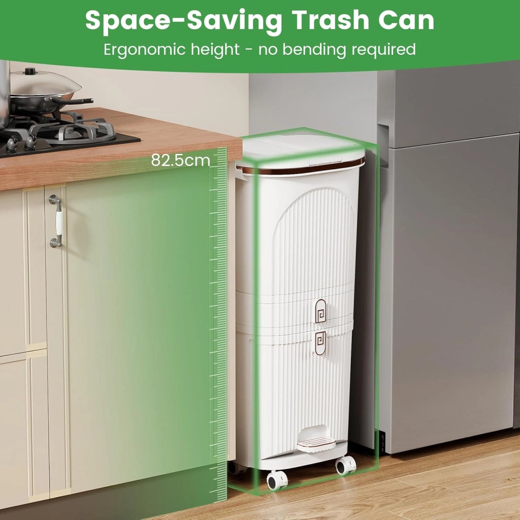Pattumiera da Cucina 42 L, Pattumiera Verticale per il Riciclo con Ruote, 3 Contenitori Rimovibili, 1 Cassetto e Ganci, Contenitore in PP con Coperchi e Pedale, per Ufficio, Bagno (Bianco)