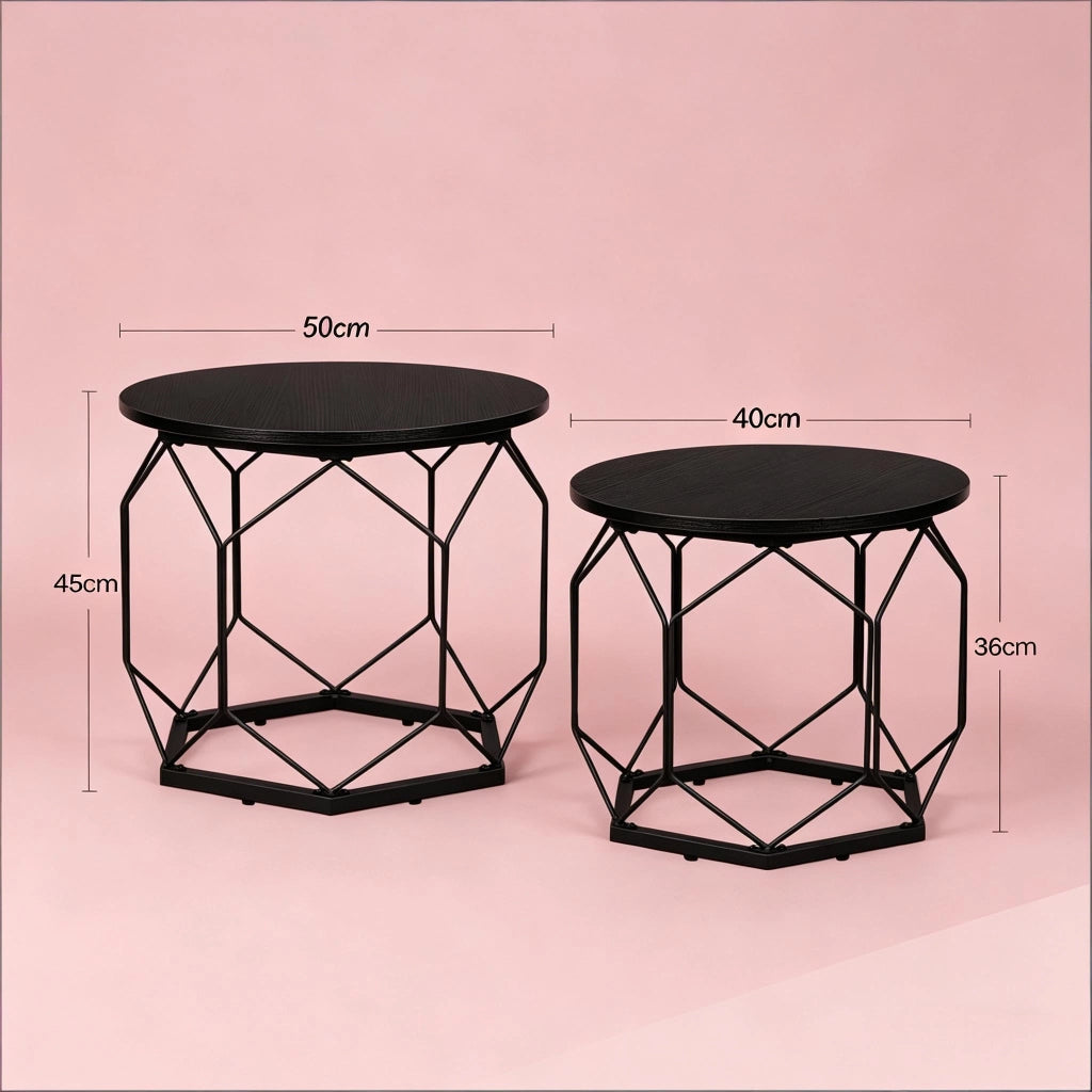 Set di 2 tavolini bassi rotondi in legno e metallo con piano rimovibile e vano contenitore per soggiorno e salotto nero