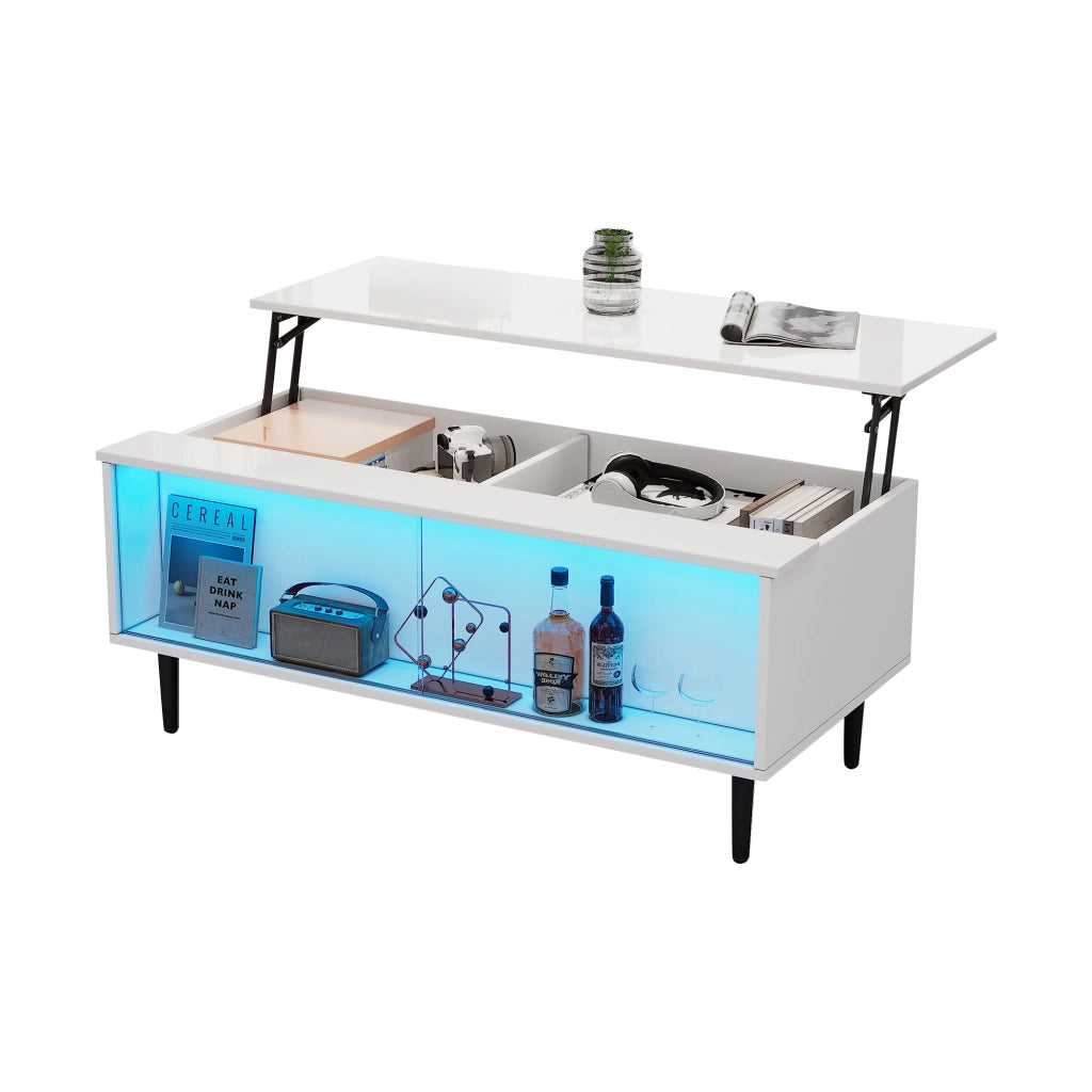 Tavolino da caffè alzabile con LED e vani contenitore - per soggiorno - 105×50×43 cm - bianco
