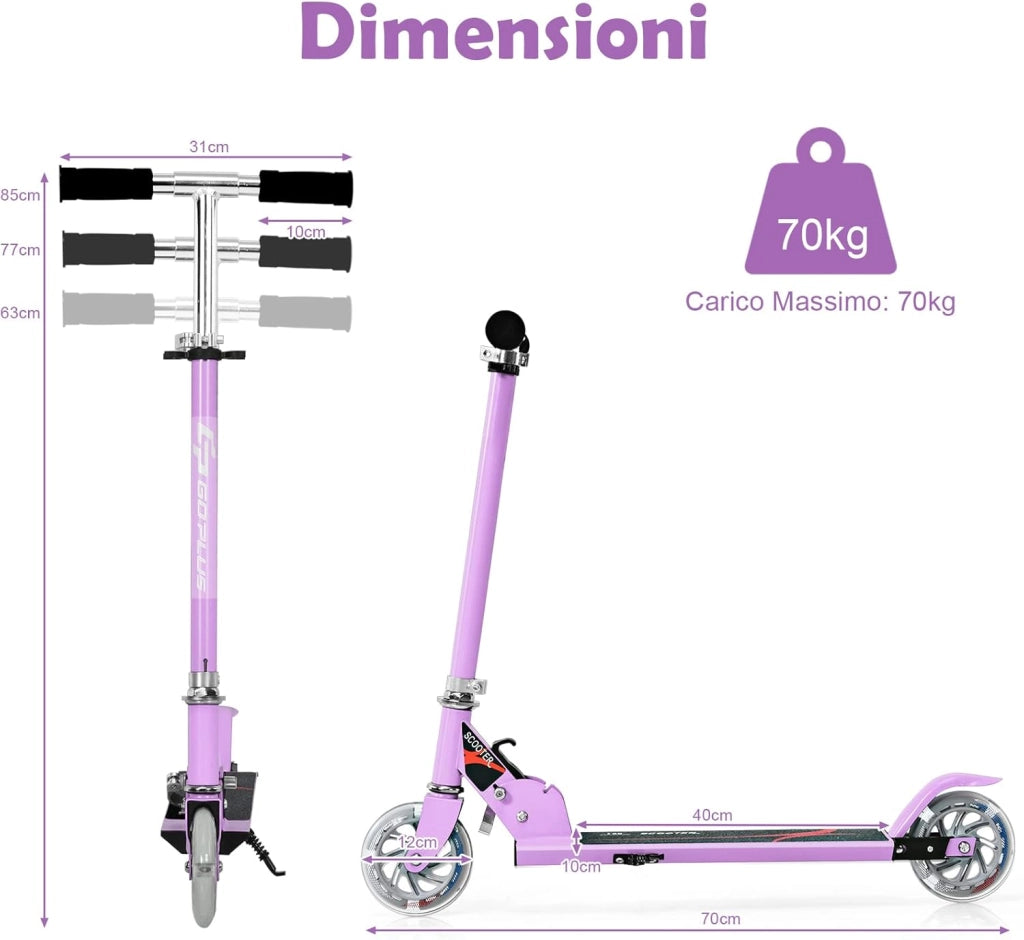 Monopattino Bambini con 2 Ruote LED, Monopattino Bambina Pieghevole in Alluminio con Altezza Regolabile, Crico Massimo di 70 kg, Scooter Portatile per Bambini da 4 Anni+