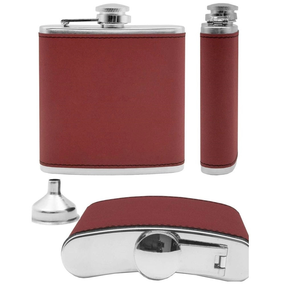 Trade Shop - Fiaschetta In Acciaio Inox Design In Pelle Con Imbuto Idea Regalo 175 Ml Rosso -