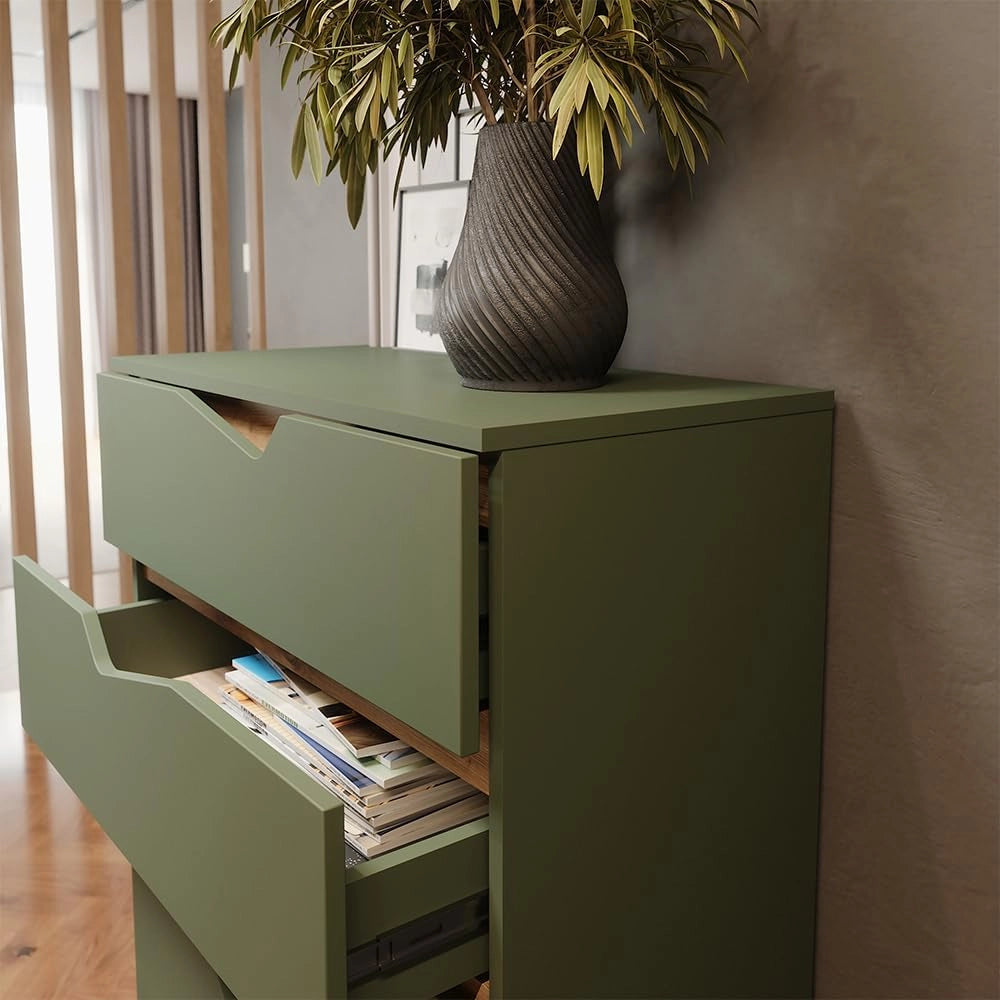 Cassettiera per camera da letto Marelle, Verde/Artigianale, 76 x 120 cm con 5 cassetti, adatto per riporre abiti e oggetti di uso quotidiano