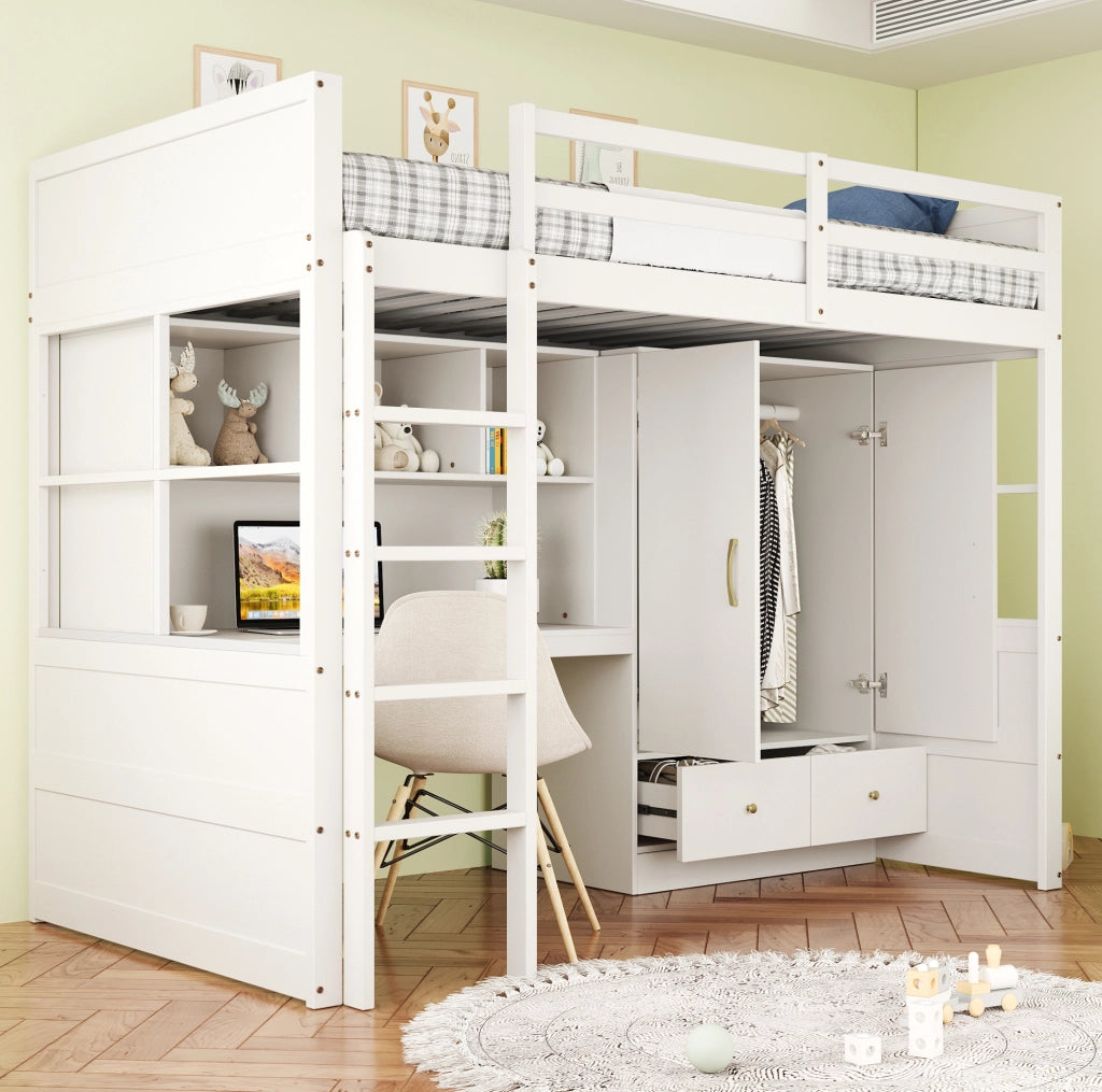 Letto a soppalco 90x200 cm con scrivania; armadio e cassetti; bianco e legno