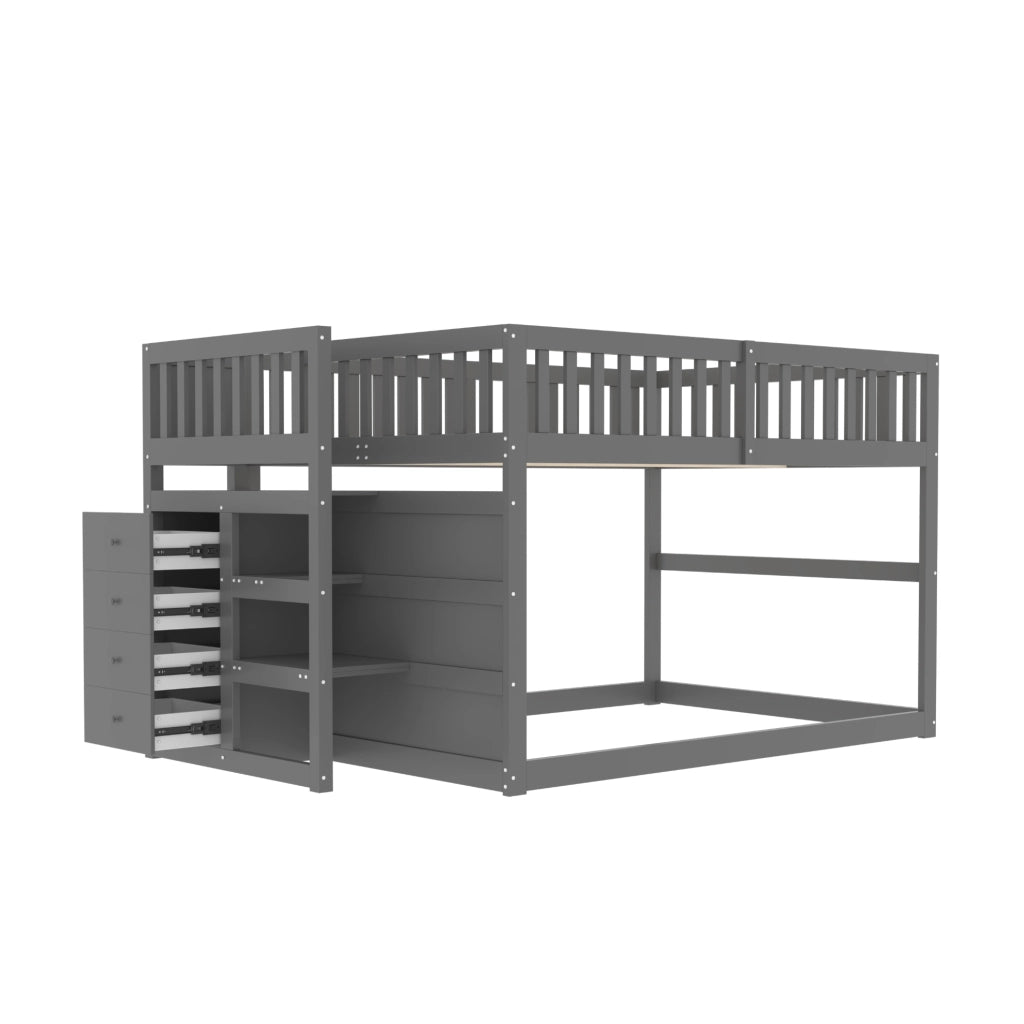 Letto a castello 140x200 cm con scala; 4 cassetti e sponda alta in legno grigio