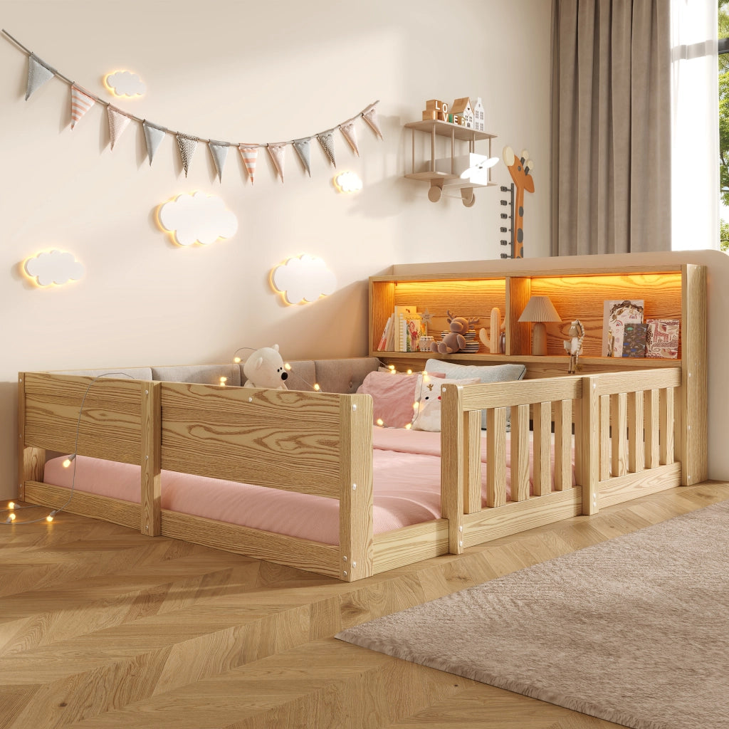 Letto per bambini 140×200 cm con testiera contenitore; sponde di sicurezza e LED; senza materasso; naturale