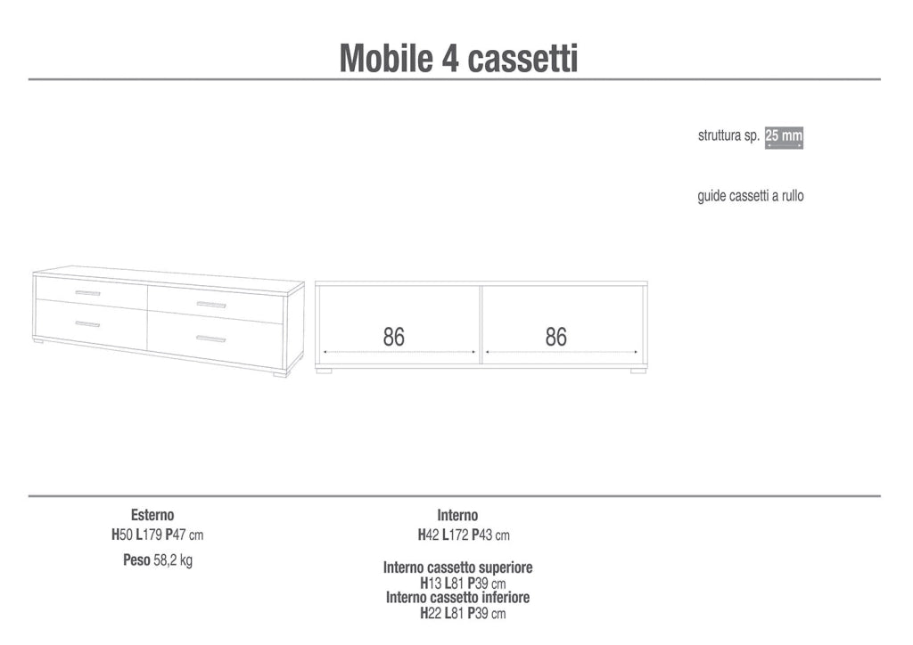 Mobile Basso 4 Cassetti 179x50x47 cm Ossido Bianco/Ossido Nero