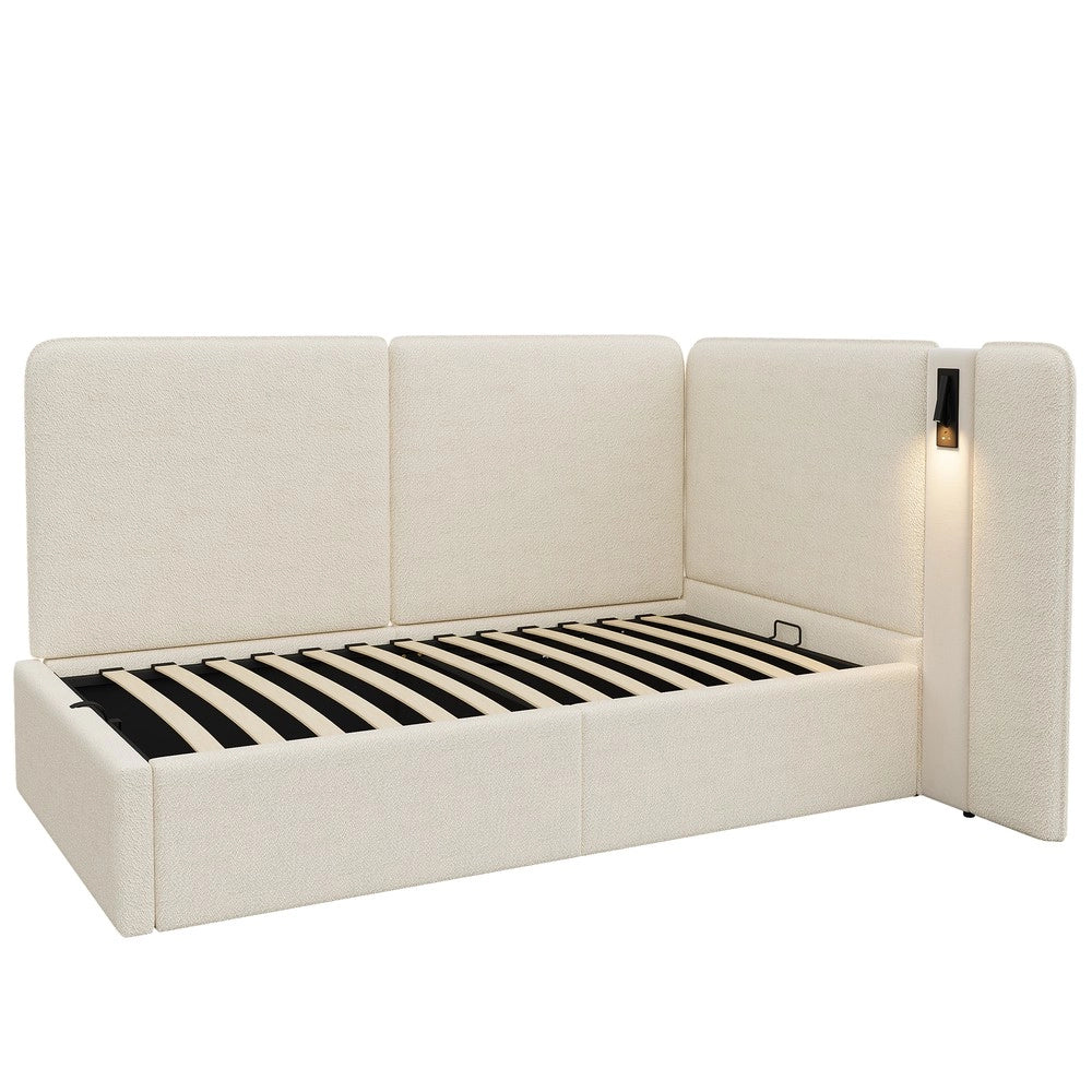 Letto a giorno 90x200 cm - Zephmum- Con vano idraulico, USB e lampada da lettura, beige, Boucl¨¦