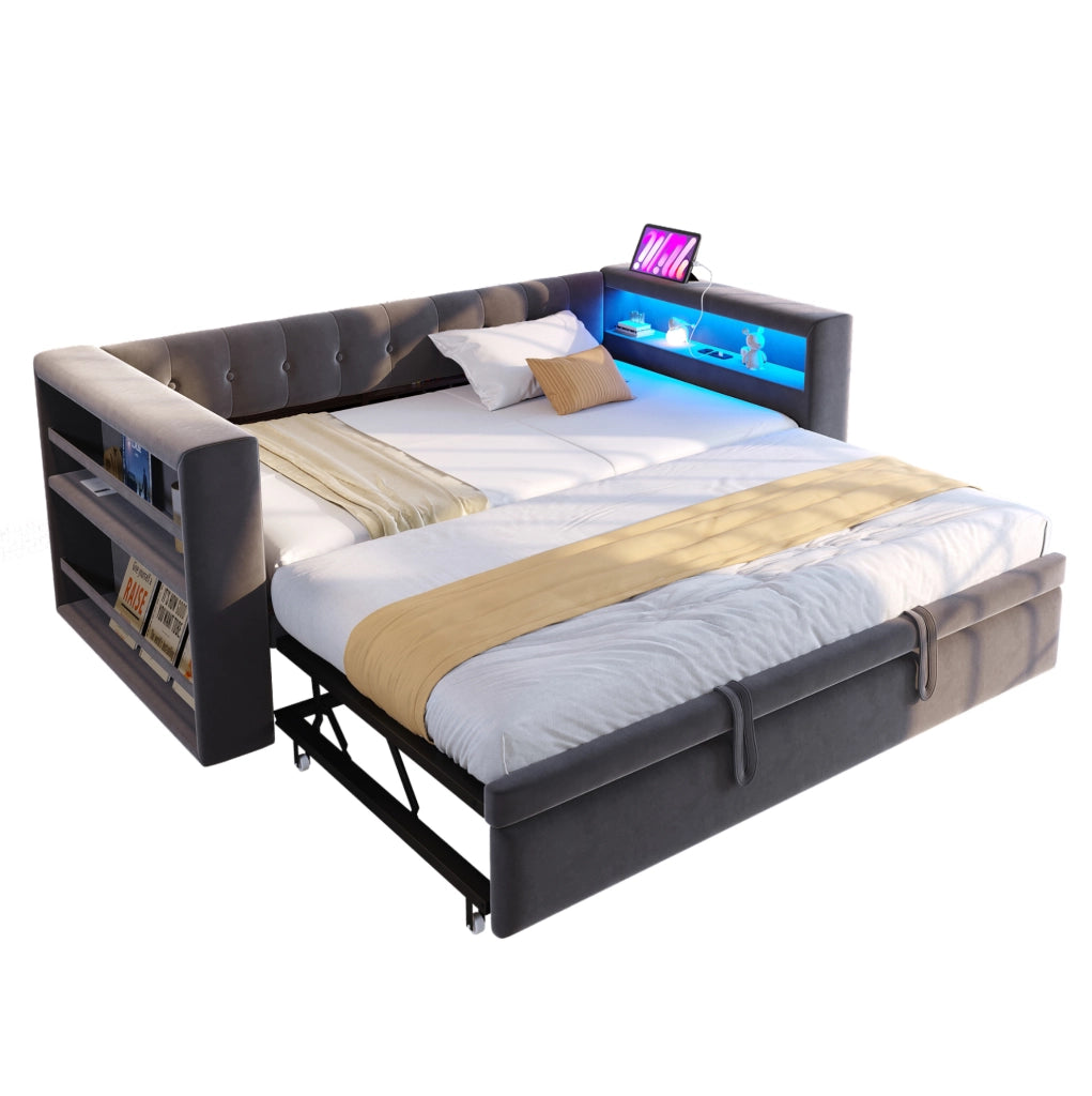 Divano letto multifunzione 90/180 x 190 cm con LED; prese; contenitore e rivestimento grigio scuro