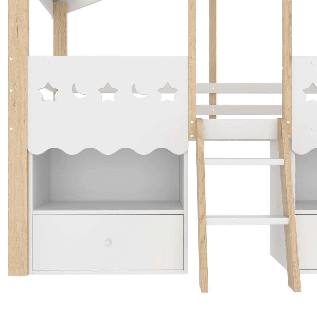 Letto a soppalco 90x200 cm a casetta con LED; in pino bianco e naturale