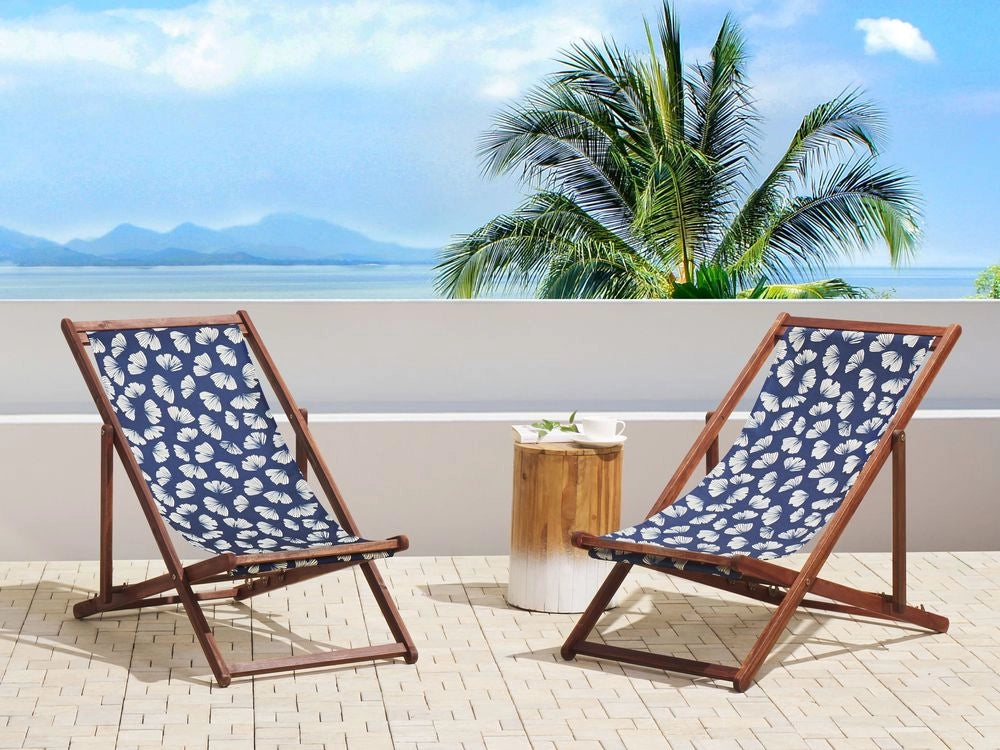 Set di 2 sedie a sdraio da giardino con struttura in legno di acacia scuro con motivo floreale in tessuto amaca sedile reclinabile