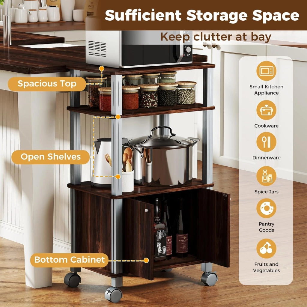 Carrello da Cucina a 3 Livelli per Microonde, Carrello Portaoggetti con Ruote e Armadio con Porta, Carrello di Servizio in Legno, Organizer per Sala da Pranzo, 60 x 40 x 98 cm (Marrone)