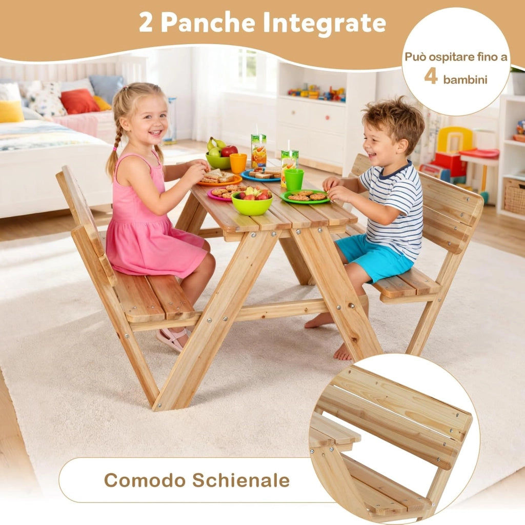 Tavolo da Picnic per Bambini in Legno con 2 Panche Integrate | Set di Tavolo e Sedie per Attività all'Aperto, Mobili per Bambini 3+ Anni per Cortile, Patio e Giardino