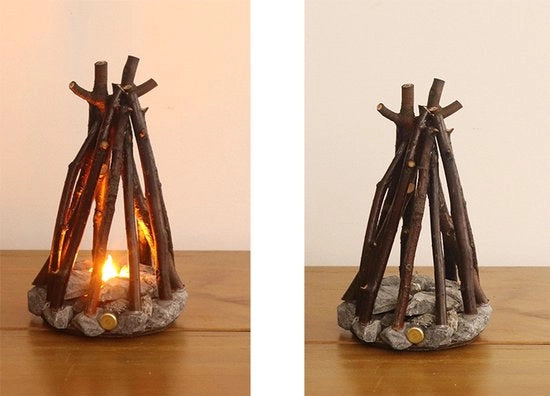 Lampada da Tavolo Decorativa con Fiamma LED Simulata in Legno Artigianale, con 3 Modalità e Ricarica USB, Stile Art Deco