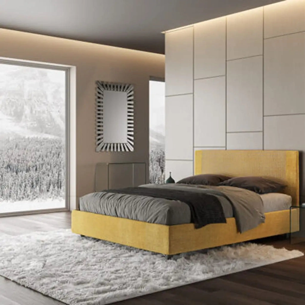 Letto matrimoniale con rete imbottito 160x200 tessuto Labirinto 6 giallo Rosal