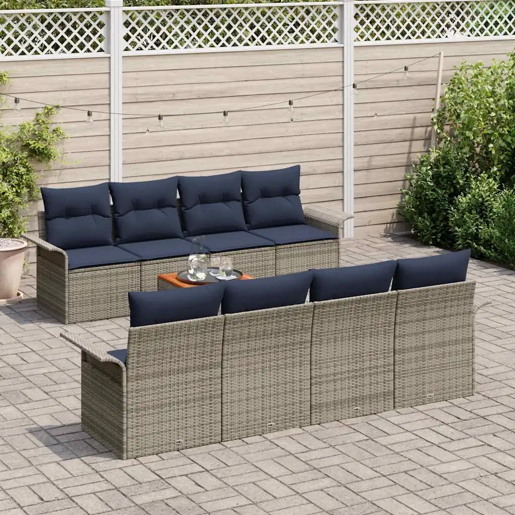 Set Divano da Giardino 9 pcs Grigio e Blu Navy polyrattan