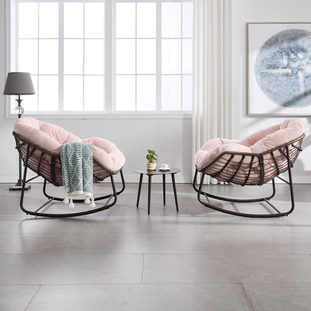 Poltrona a dondolo da esterno in rattan sintetico con cuscino, struttura in acciaio, seduta ergonomica, rosa