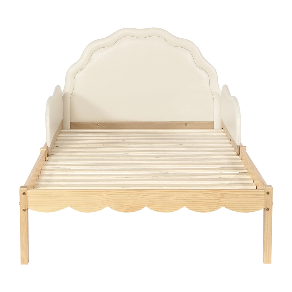 Letto per bambini 90x200 cm, testiera imbottita in PU, sponde laterali, colore legno naturale e beige