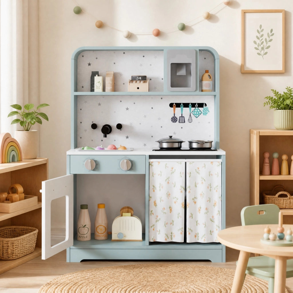 Desviae Cucina giocattolo per bambini con microonde, lavello e accessori blu in MDF e plastica 60 × 29 × 81 cm dai 3 anni