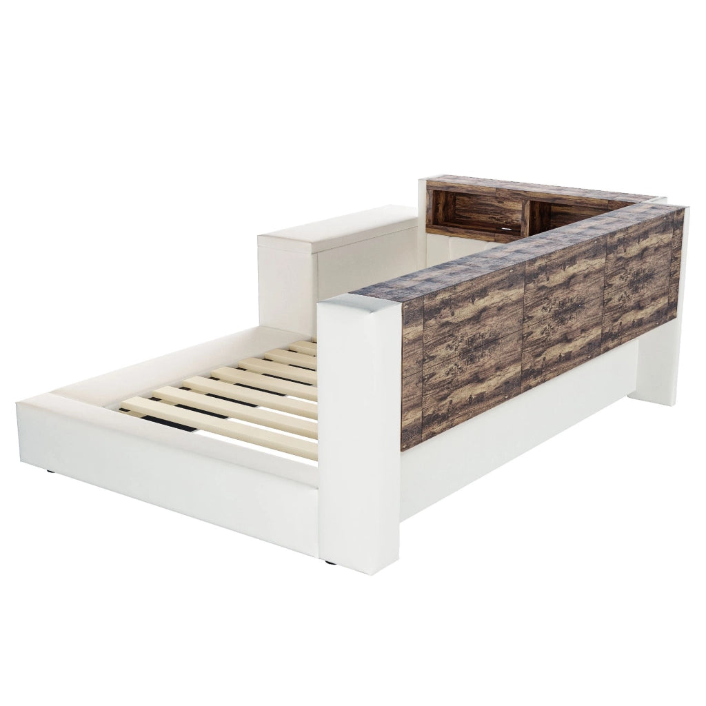 Letto imbottito, 90 x 200 cm, con tavolino, ripiano portaoggetti, illuminazione a LED, presa di ricarica, beige