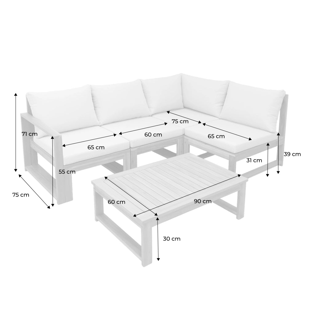 Salotto da giardino modulare in legno di acacia e tessuto beige, 4