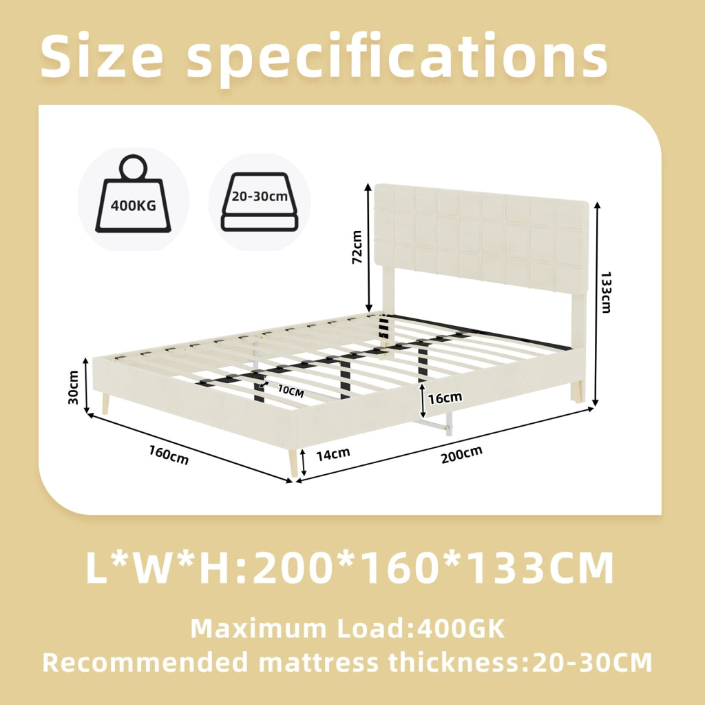 Letto 160x200 cm con testiera trapuntata in velluto beige