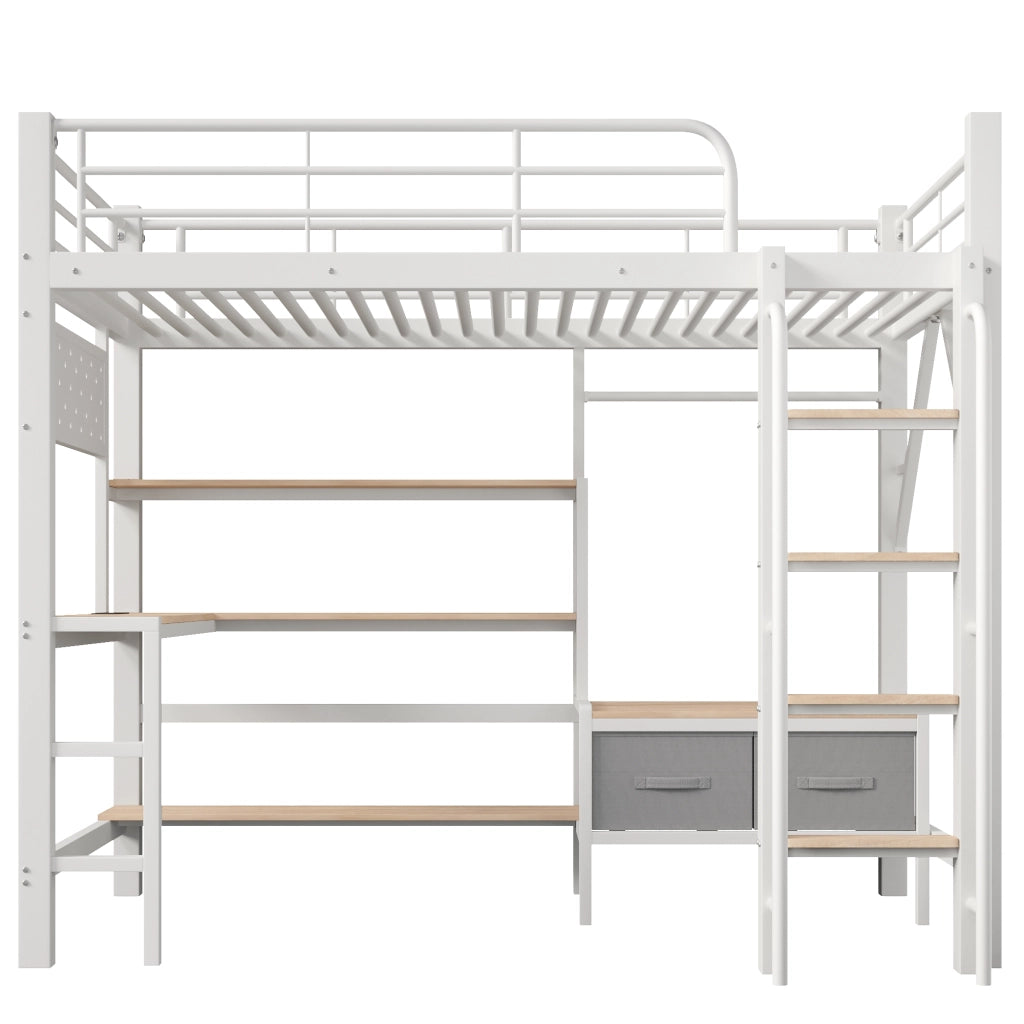 Letto a soppalco 90 x 200 cm con scrivania in metallo e MDF; bianco; con scaffali; LED e USB
