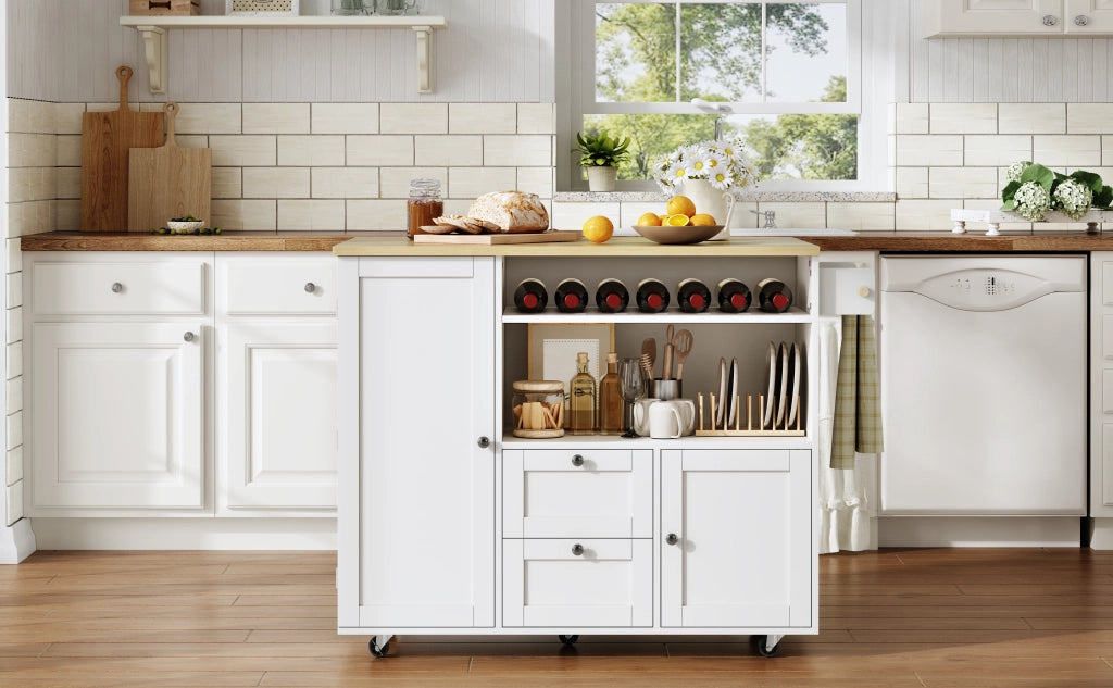 Isola cucina con piano ribaltabile, 2 cassetti, portabottiglie, portarotolo e ruote bloccabili, 104 × 45(69) × 89 cm