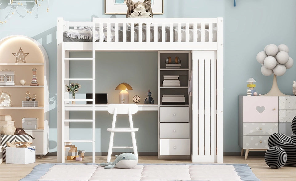 Letto a soppalco 90x200 cm con scrivania, armadio e cassetti