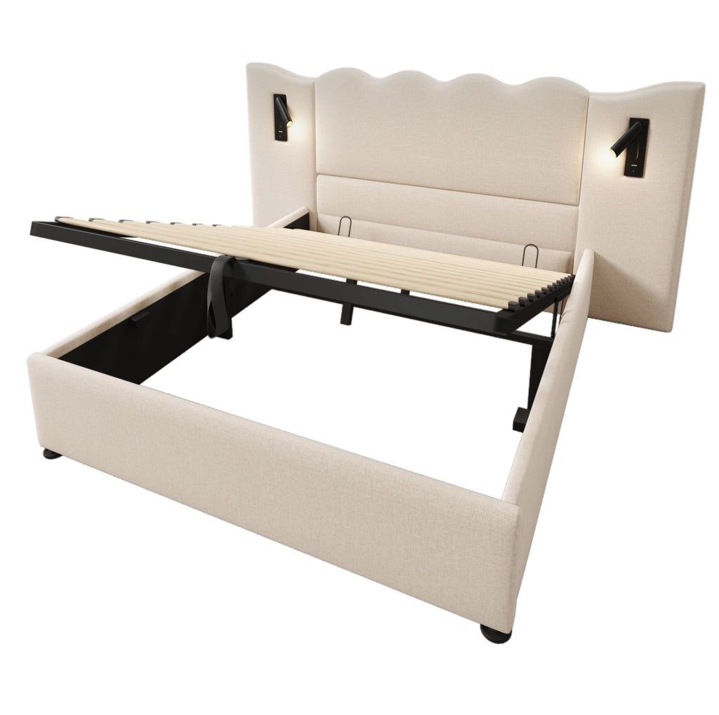 Letto matrimoniale 160x200 cm in lino beige con luce da lettura; USB Type-C e vano contenitore