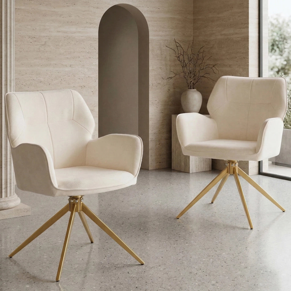 Set di 2 sedie girevoli 60.0x56.0x59.0 cm con schienale e braccioli in chenille e metallo crema