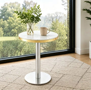 Tavolino rotondo 60 cm in MDF e metallo; bianco con bordo dorato
