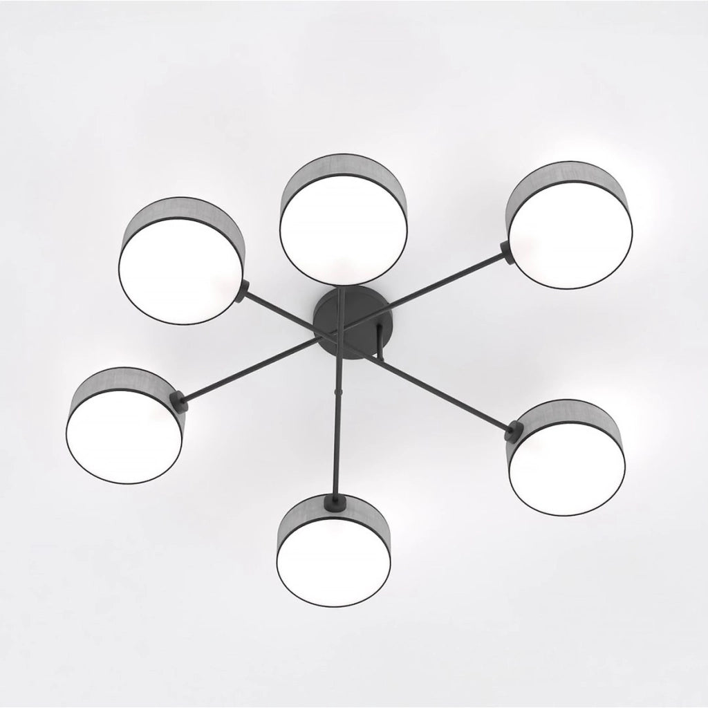 Lampada a sospensione Maga a sei bracci in acciaio nero e tessuto grigio