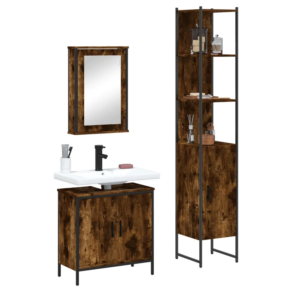 Set Mobili da Bagno | Armadio da bagno 3 pz Rovere Fumo in Legno Multistrato