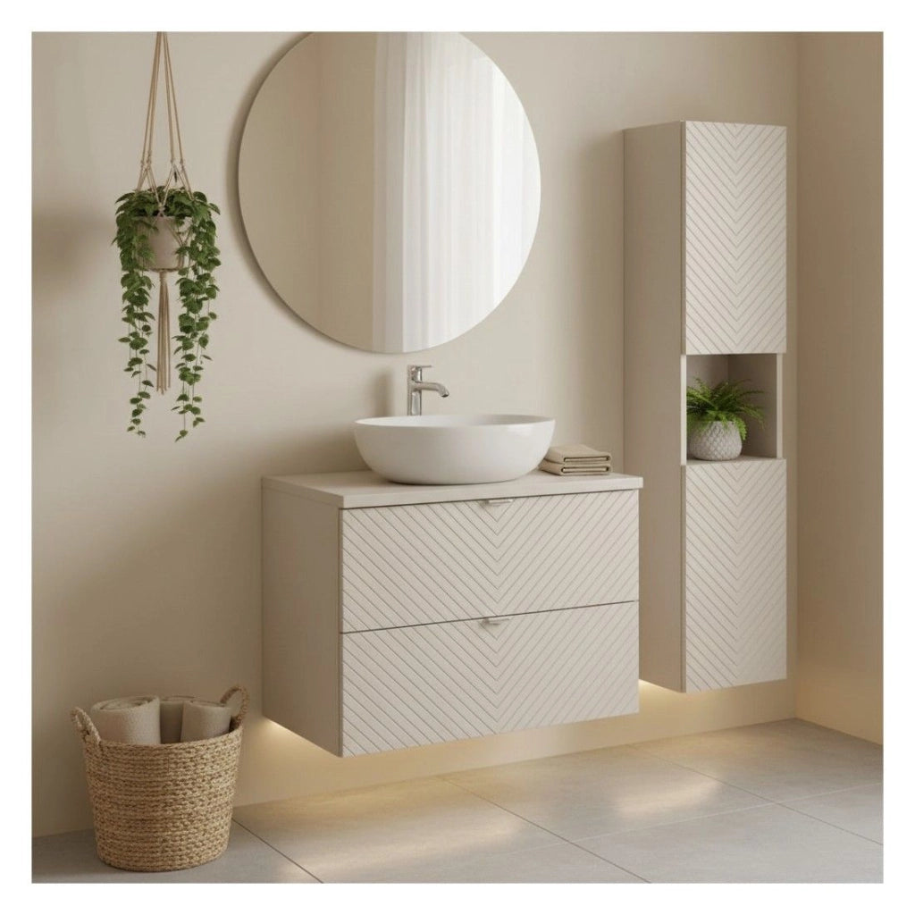 Insieme AOKI: mobile sottolavabo con cassetti 60cm + piano lavabo beige + colonna di stoccaggio