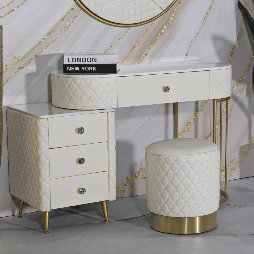Pouf Erro, Poltrona multiuso, Scendiletto, Pouf poggiapiedi, 36x36 h39 cm, Bianco e Oro