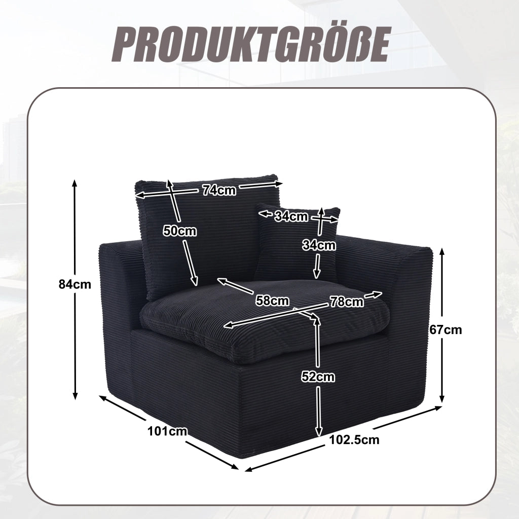 OKWISH Poltrona in Velluto a Coste, Seduta Imbottita con Cuscino Schienale, Design Minimalista, Nero