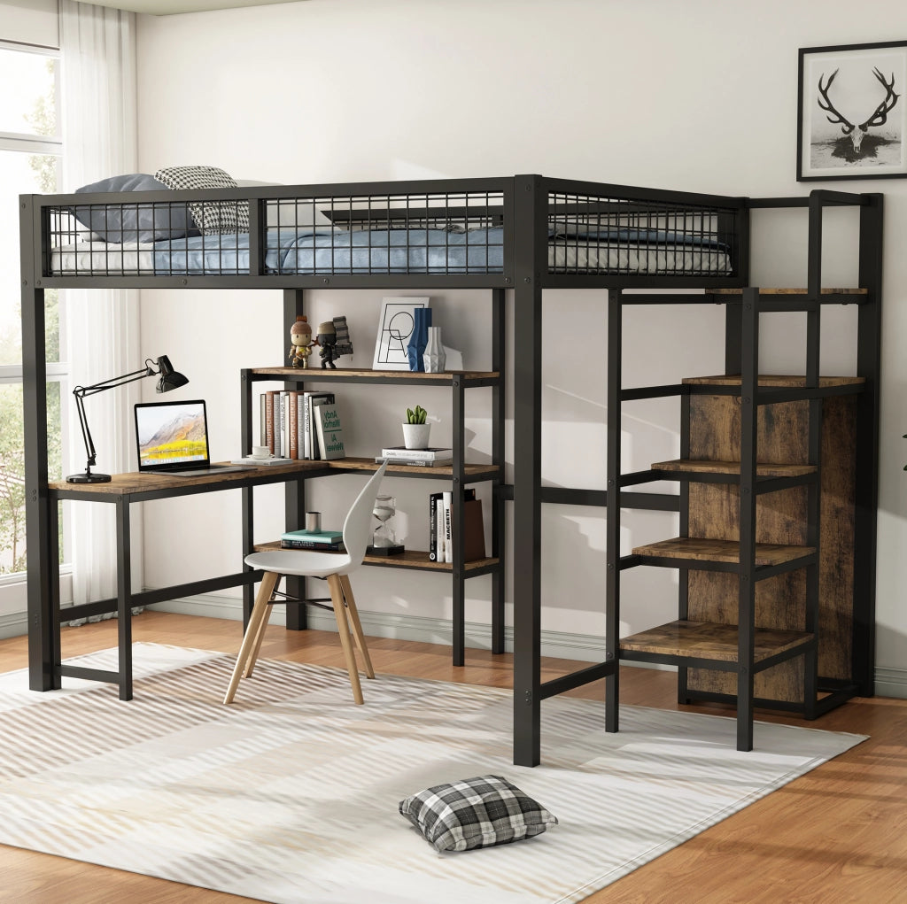 Letto a soppalco 140x200 cm; scrivania e armadio; MDF e metallo; nero e marrone (Senza materasso)