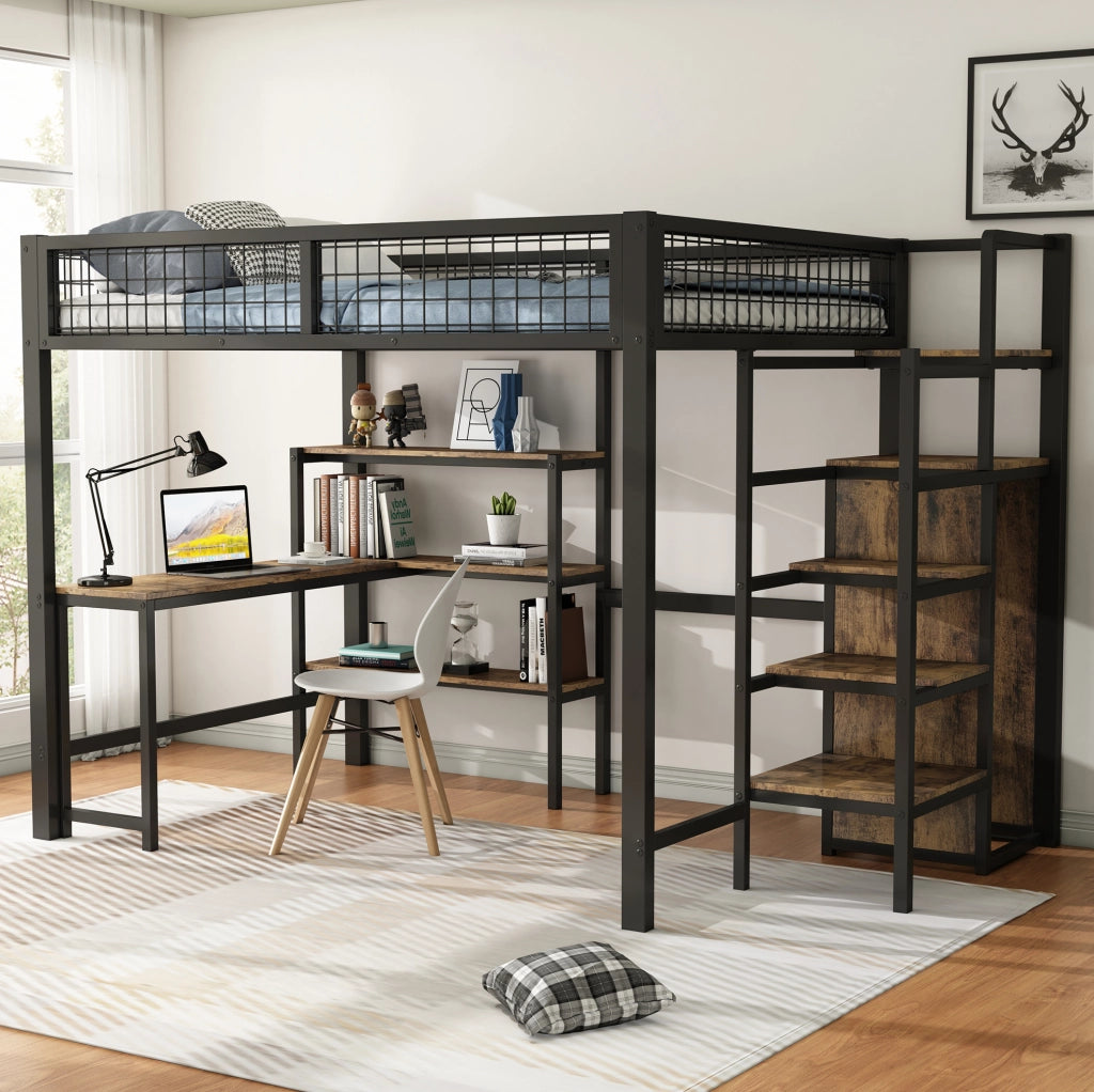 Letto a soppalco 140x200 cm; scrivania e armadio; MDF e metallo; nero e marrone (Senza materasso)