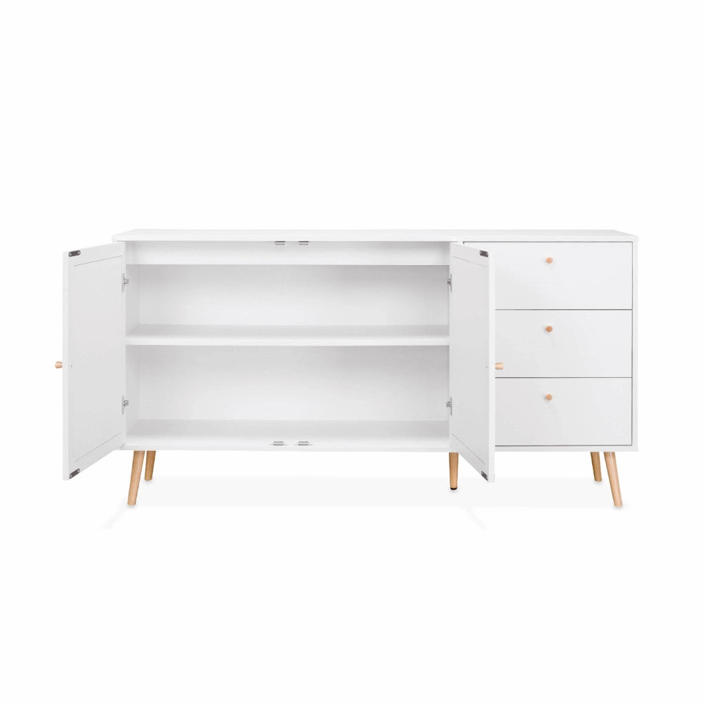 Credenza scandinava a 2 ante in canna, 150cm, bianco sporco