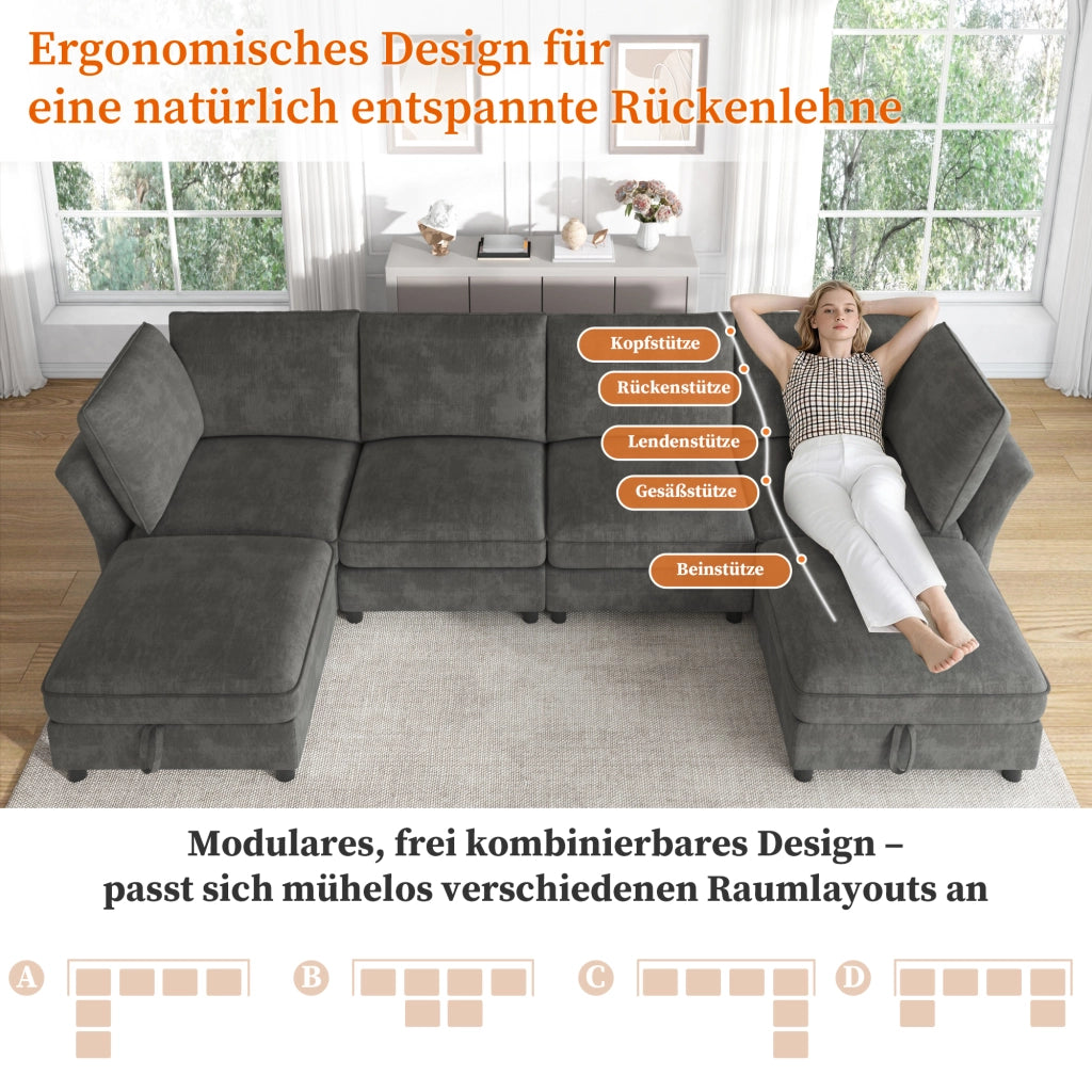 Divano angolare modulare con pouf contenitore e 2 cuscini in ciniglia grigio 6-7 posti per soggiorno 289 × 137 × 84 cm