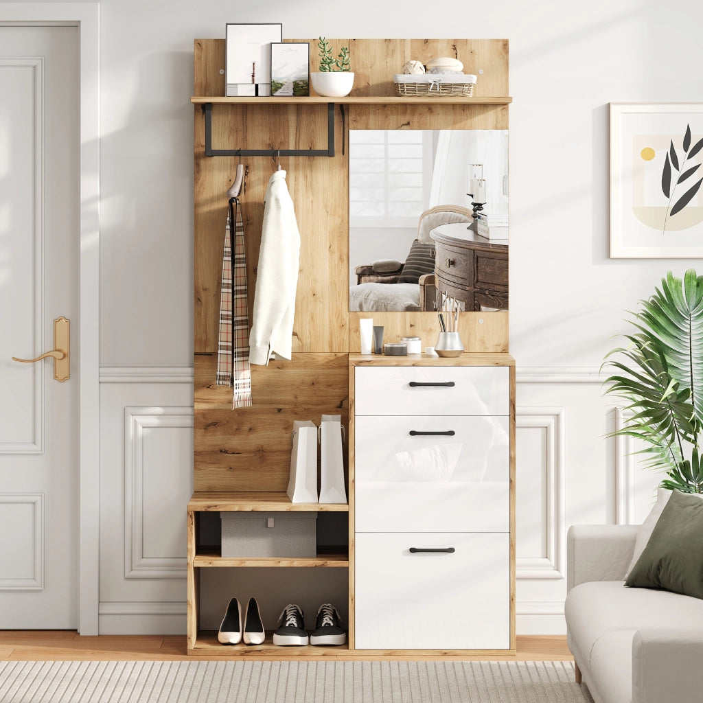 Mobile Ingresso con Specchio; 1 Cassetto e 2 Scarpiere a Ribalta; Lucido; in Pannello Truciolare; 100??38;5??190 cm; Bianco Naturale
