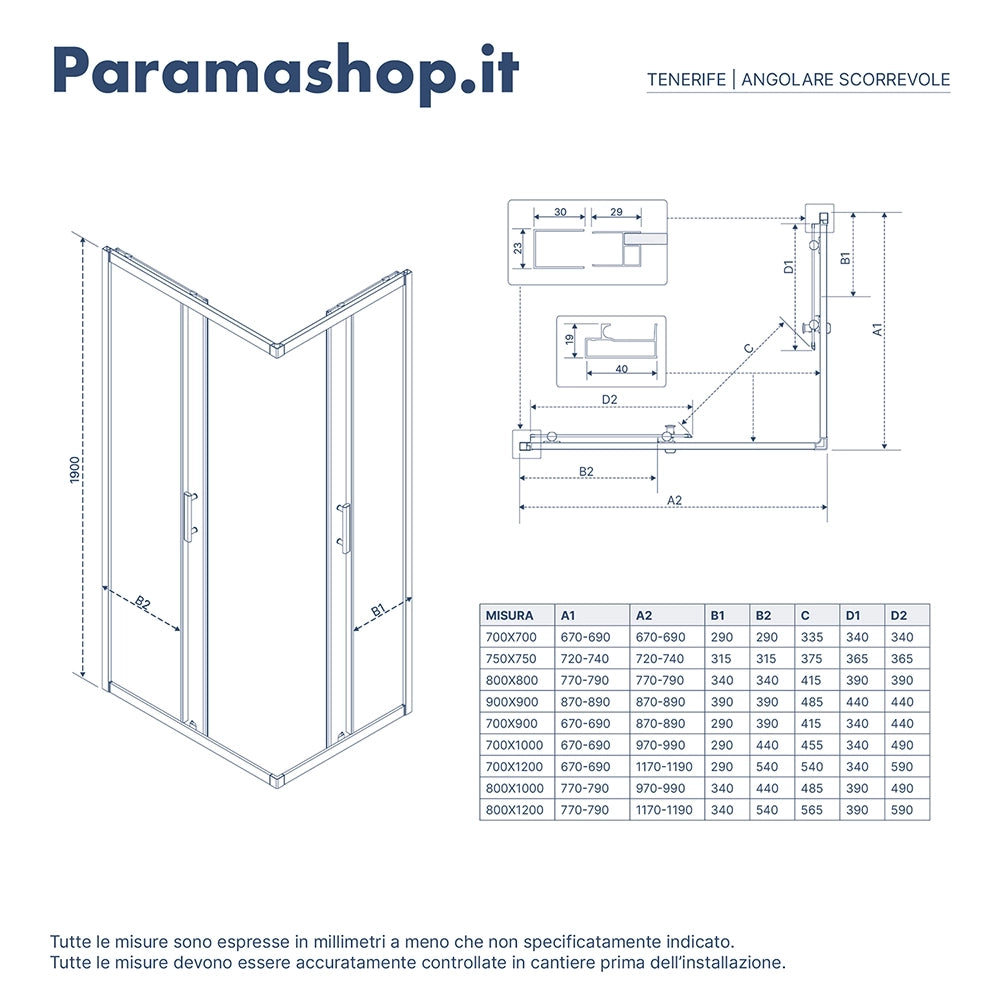 Box doccia 70x120 cm angolare scorrevole vetro 6mm trasparente h190 | Tenerife
