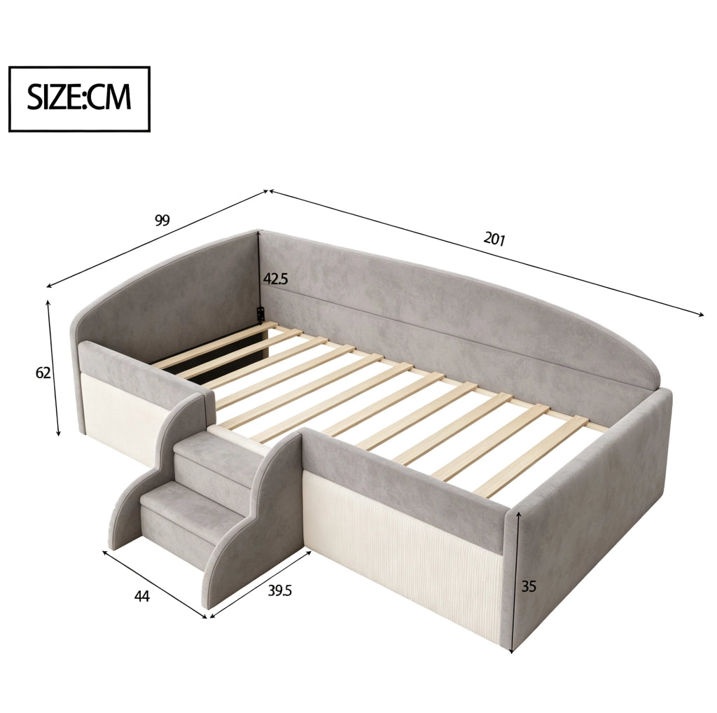 LETTO Imbottito per Bambini 90x190 cm Grigio con Gradini e Sponde